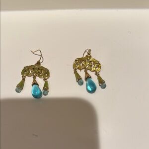 Gold and Blue Chandelier Earrings with Turquoise Accents